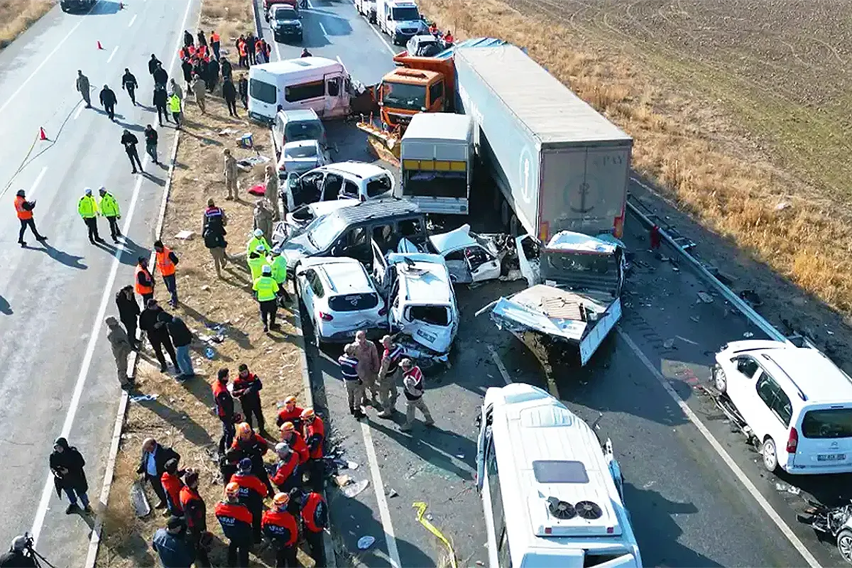 Aerial view of a multi-vehicle collision involving cars and trucks on a highway