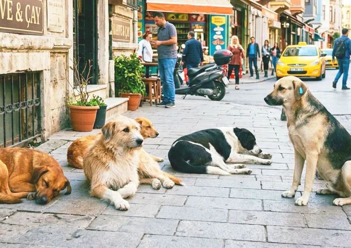 Several stray dogs resting on a street in Istanbul in broad daylight.