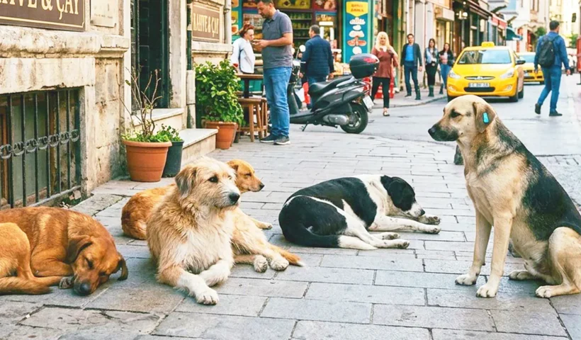 Several stray dogs resting on a street in Istanbul in broad daylight.