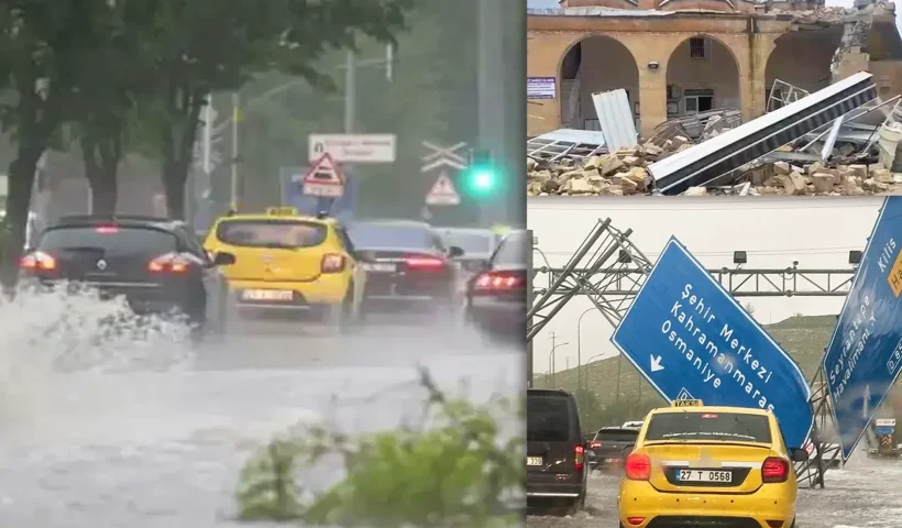 imágenes de daños en una mezquita, carteles de una autopista caídos e inundaciones en las calles durante una super célula de tormenta en Turquía