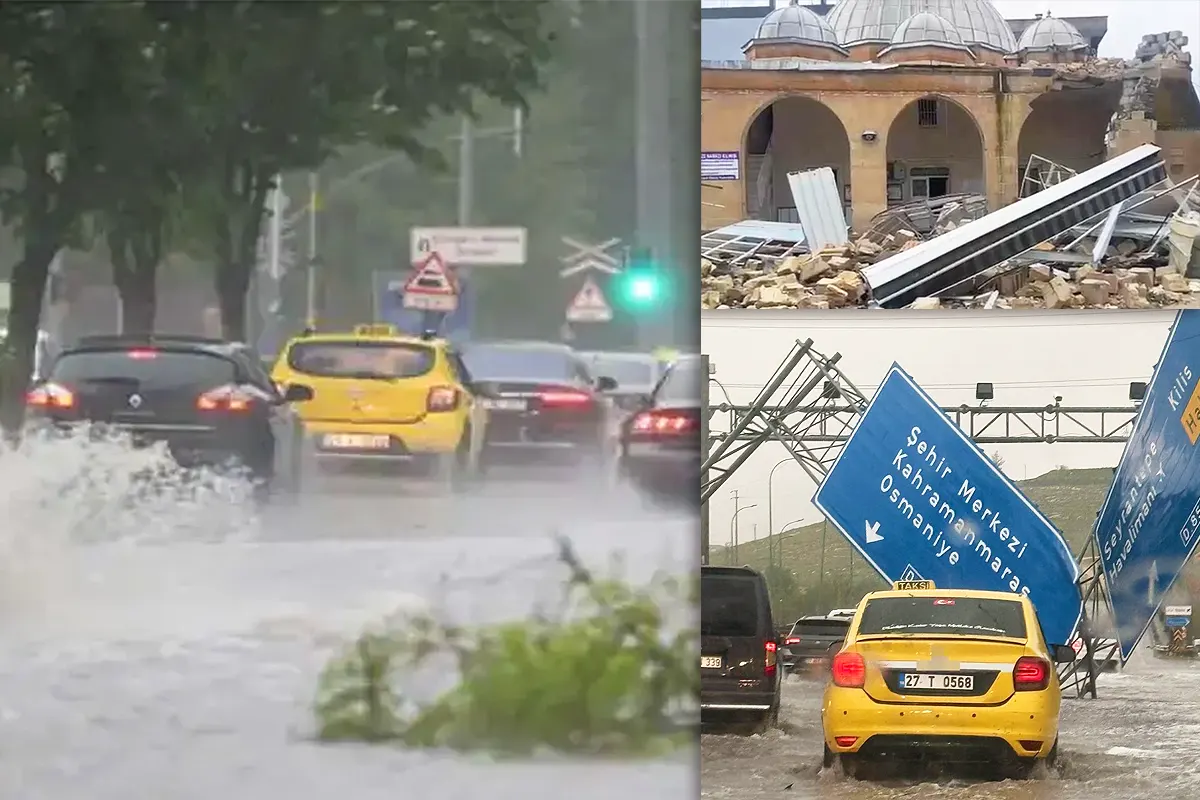 imágenes de daños en una mezquita, carteles de una autopista caídos e inundaciones en las calles durante una super célula de tormenta en Turquía