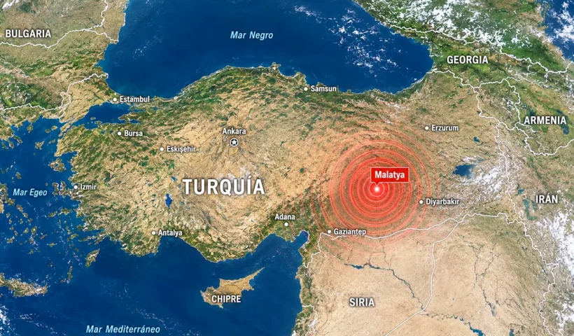 un mapa de Turquía y de los países de su entorno con ondas sísmicas saliendo de Malatya, al sureste de Anatolia