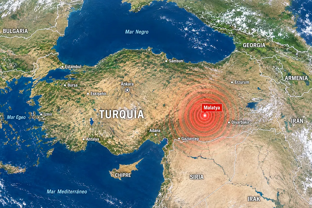 un mapa de Turquía y de los países de su entorno con ondas sísmicas saliendo de Malatya, al sureste de Anatolia
