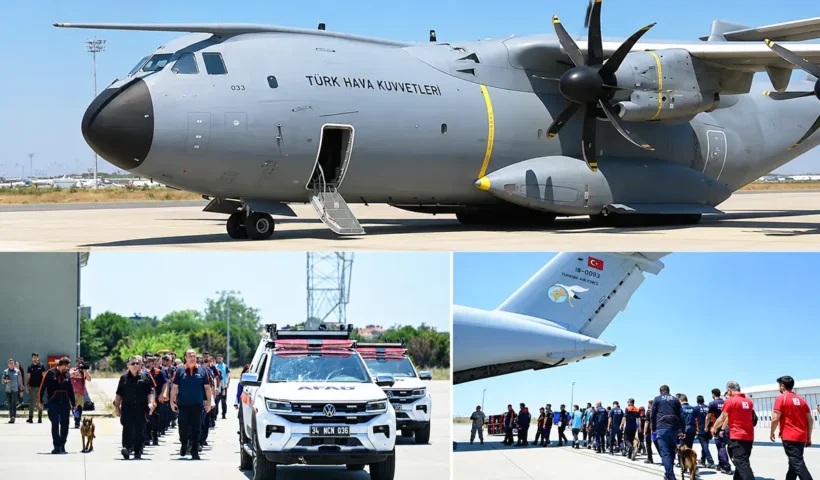 imágenes de un avión de transporte militar turco junto a vehículos, perros, equipos médicos y de rescate embarcando en él