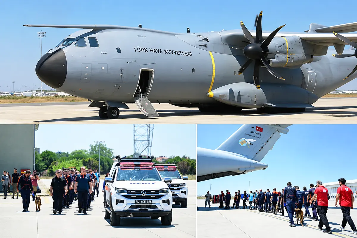imágenes de un avión de transporte militar turco junto a vehículos, perros, equipos médicos y de rescate embarcando en él