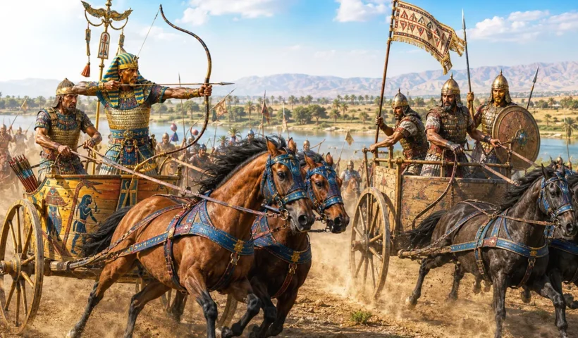imagen representativa de un carro egipcio y un carro hitita enfrentándose durante la batalla de Qadesh