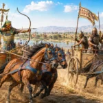 illustration depicting an Egyptian chariot and a Hittite chariot facing off during the Battle of Kadesh