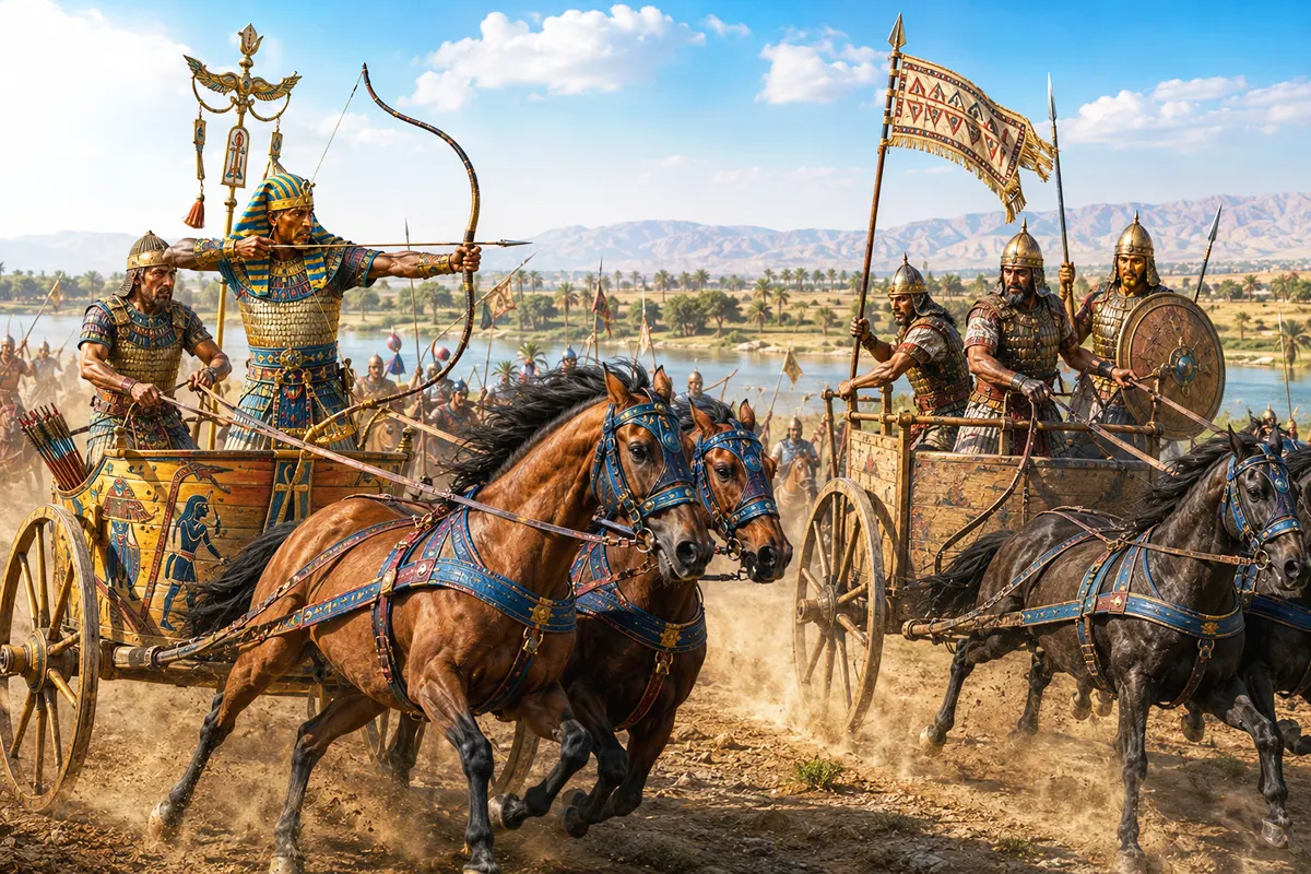 illustration depicting an Egyptian chariot and a Hittite chariot facing off during the Battle of Kadesh