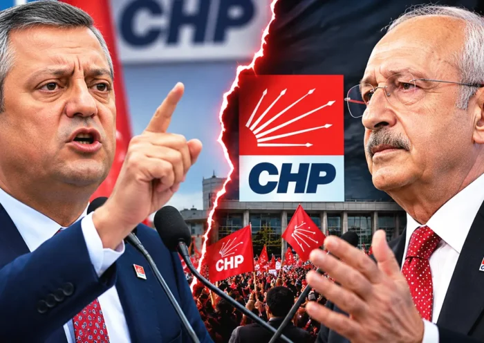 a representative image showing Özel on the left and Kılıçdaroğlu on the right, with images of CHP activists and party symbols in the background