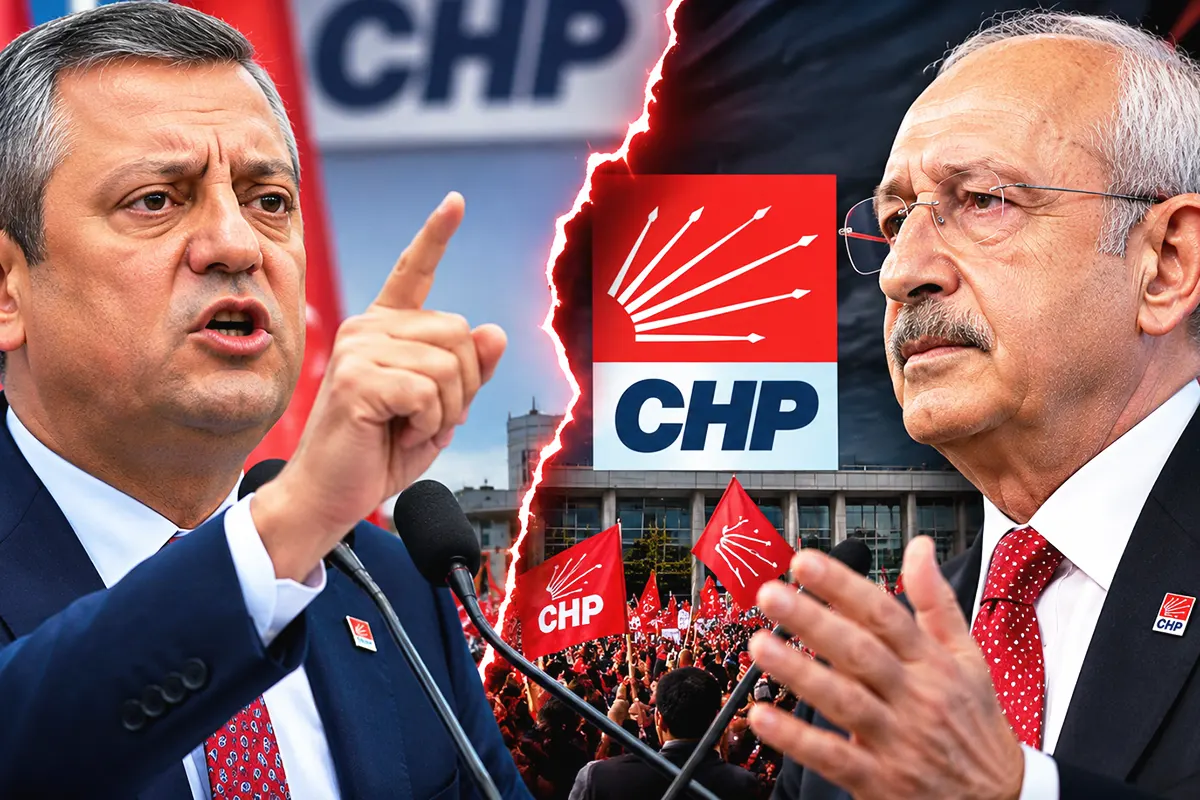 a representative image showing Özel on the left and Kılıçdaroğlu on the right, with images of CHP activists and party symbols in the background