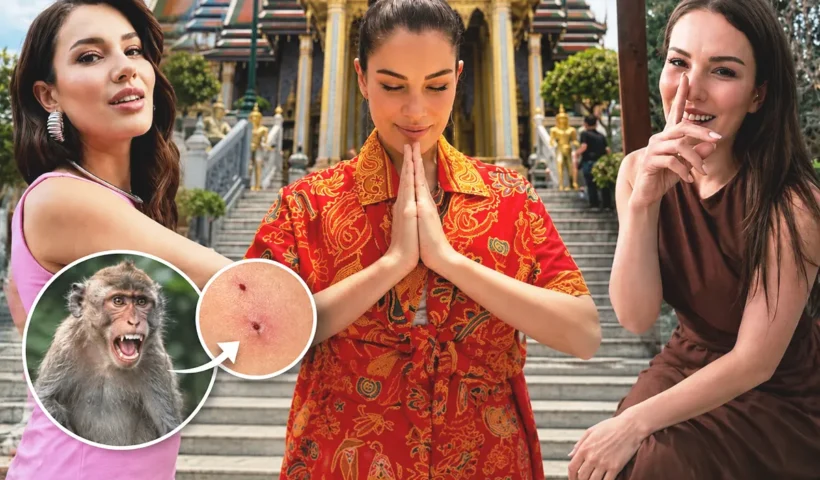 several photos of Turkish actress Ece İrtem in Turkey and Thailand, along with a photo of a monkey and another of a bite mark on the skin