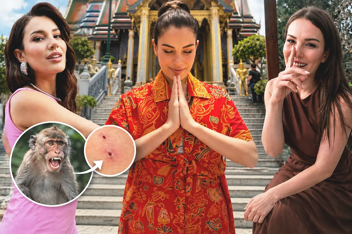 several photos of Turkish actress Ece İrtem in Turkey and Thailand, along with a photo of a monkey and another of a bite mark on the skin