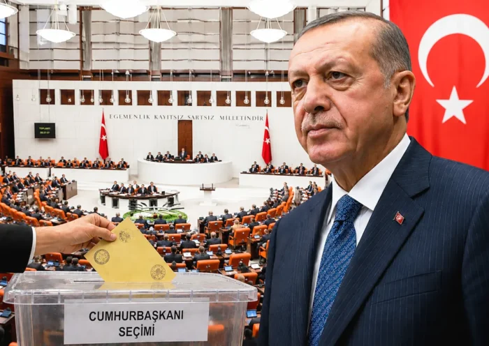 a representative image of Erdoğan alongside a Turkish flag and a ballot box; in the background, an image of the Turkish parliament