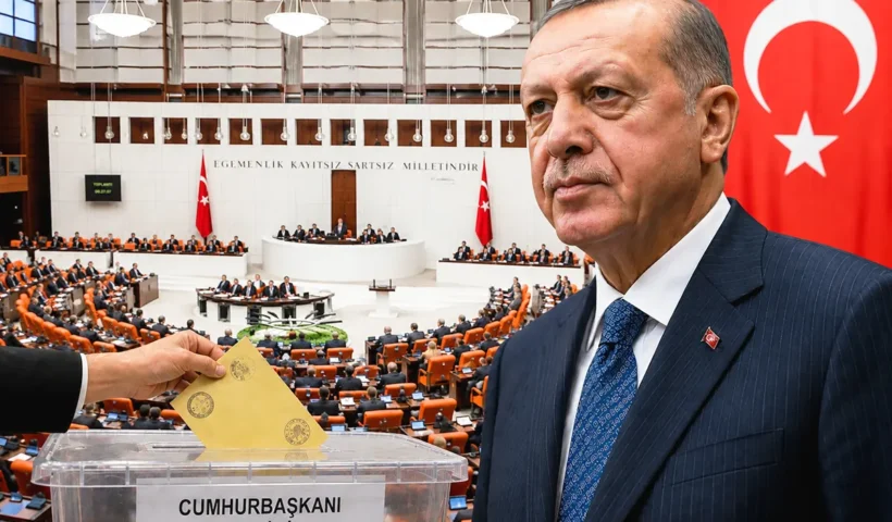 a representative image of Erdoğan alongside a Turkish flag and a ballot box; in the background, an image of the Turkish parliament