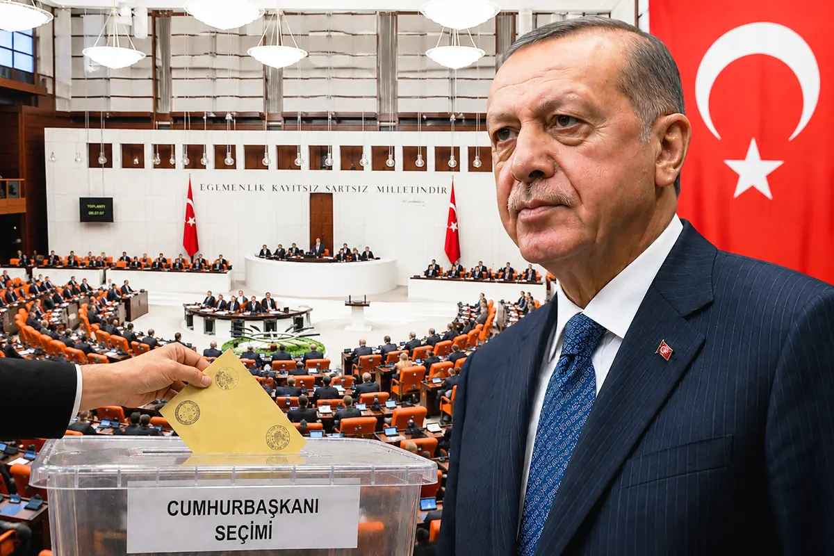 imagen representativa de Erdoğan junto a una bandera de Turquía y una urna electoral; de fondo, una imagen del parlamento turco