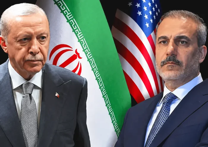 Turkish President Erdoğan on the left, his foreign minister Hakan Fidan on the right, and the flags of Iran and the United States in the background