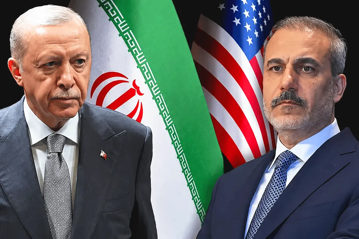 Turkish President Erdoğan on the left, his foreign minister Hakan Fidan on the right, and the flags of Iran and the United States in the background