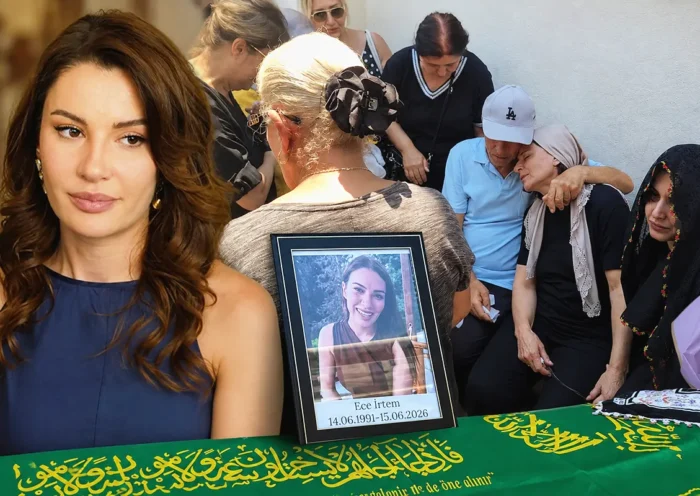 imágenes mezcladas de la actriz turca Ece İrtem, su ataúd y de familiares llorando durante su funeral