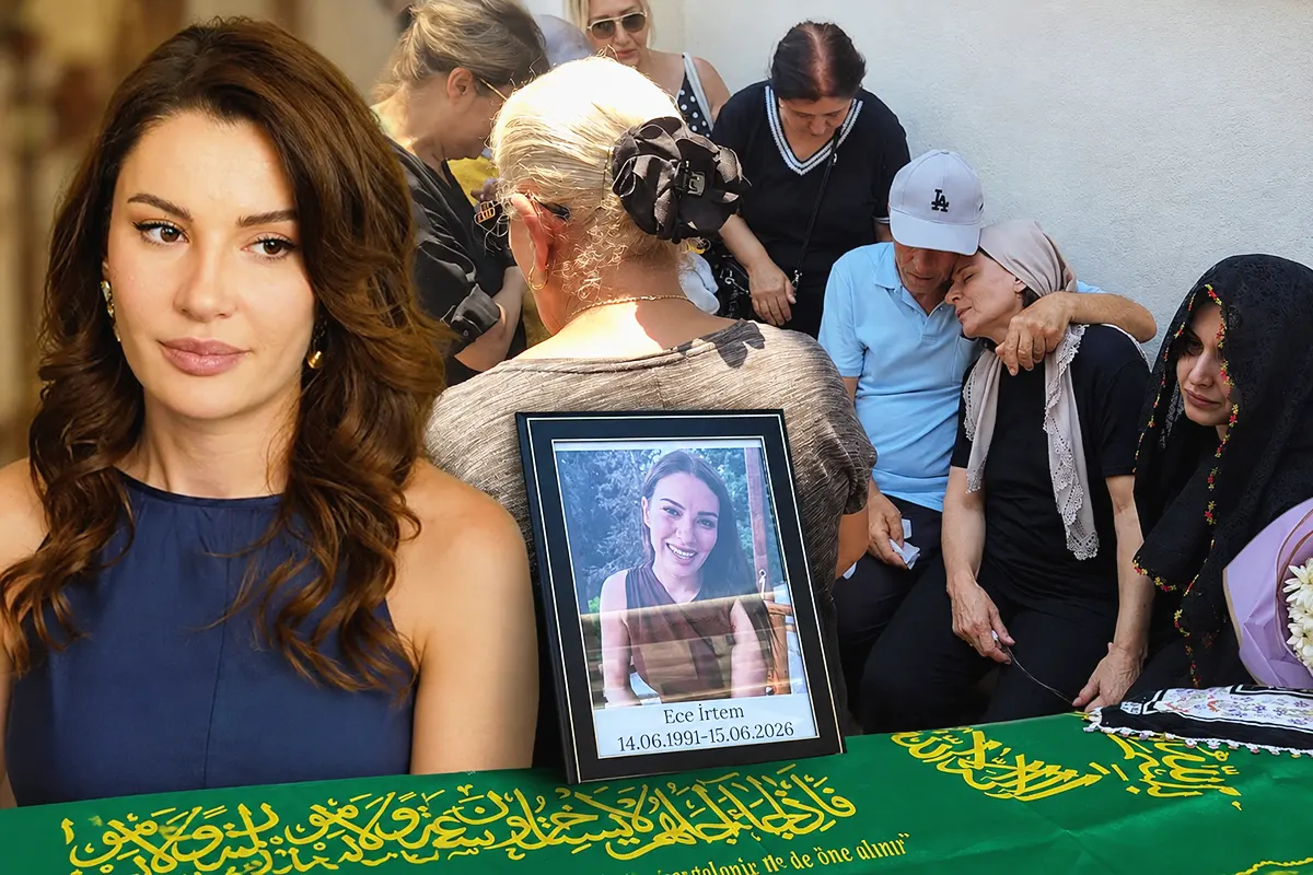 imágenes mezcladas de la actriz turca Ece İrtem, su ataúd y de familiares llorando durante su funeral