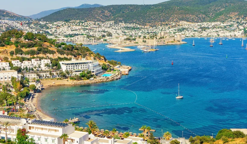 View of Bodrum Bay with numerous residences built along the coast