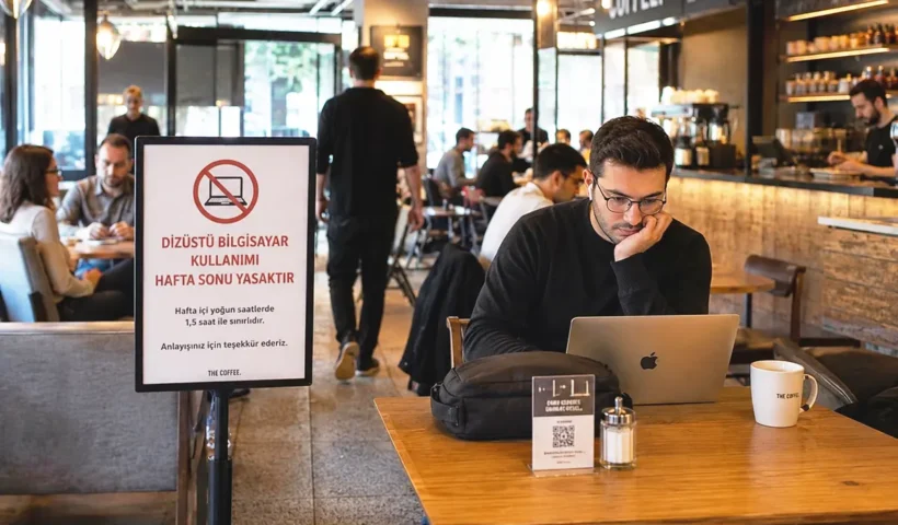 un joven sentado con su portátil en la mesa de una concurrida cafetería junto a un cartel que indica en turco que los portátiles están prohibidos los fines de semana