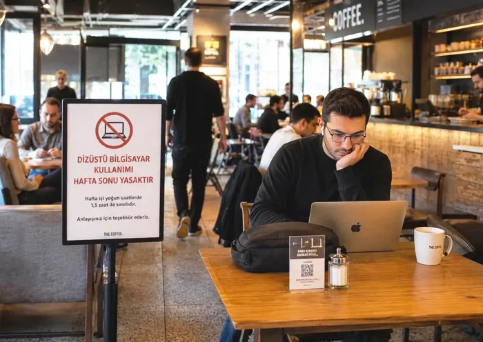 a young man sitting with his laptop at a table in a busy café next to a sign in Turkish stating that laptops are not allowed at weekends