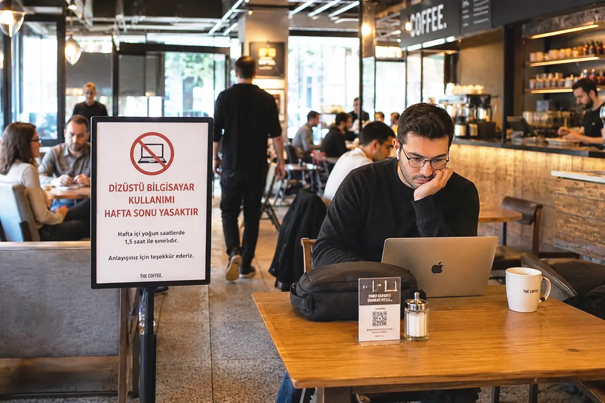 a young man sitting with his laptop at a table in a busy café next to a sign in Turkish stating that laptops are not allowed at weekends