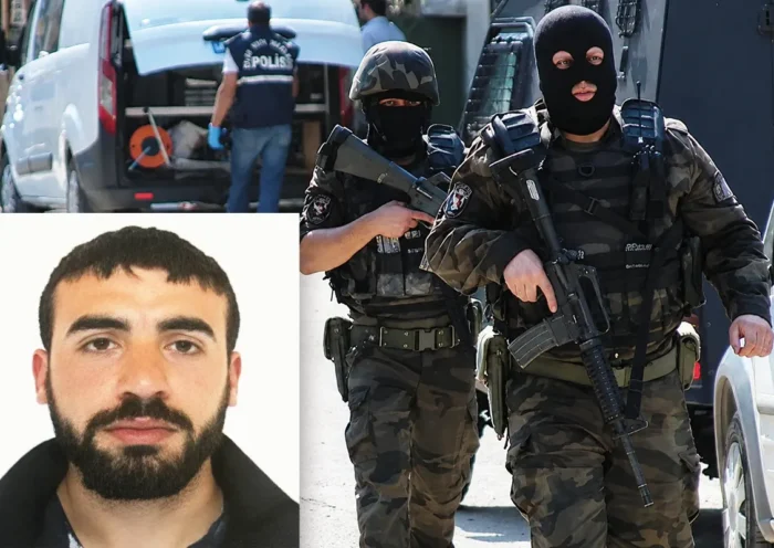miembros de las fuerzas especiales de la policía turca; en una esquina aparece la foto de un presunto miembro del ISIS abatido