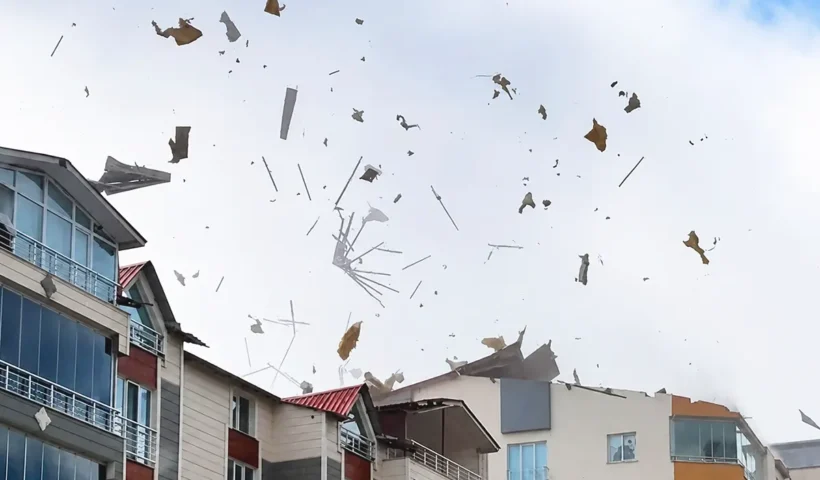 debris flying through the air near several residential buildings