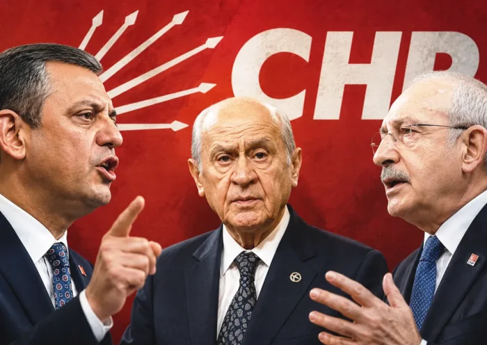 On the left is Özel and on the right is Kılıçdaroğlu, both looking confrontational; in the middle is Bahçeli; and in the background are the CHP party emblem and initials