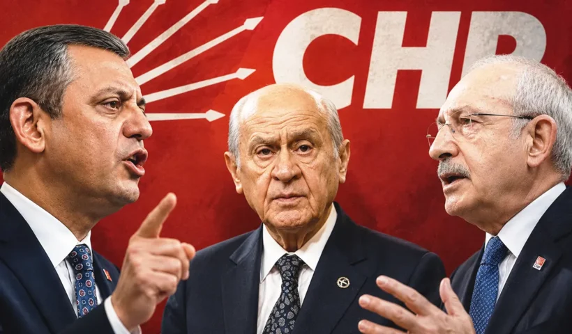 On the left is Özel and on the right is Kılıçdaroğlu, both looking confrontational; in the middle is Bahçeli; and in the background are the CHP party emblem and initials