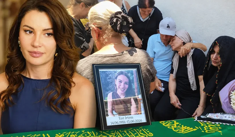 A montage of images of the Turkish actress Ece İrtem, her coffin and relatives weeping at her funeral