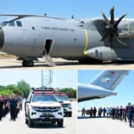 images of a Turkish military transport aircraft alongside vehicles, dogs, and medical and rescue equipment being loaded onto it
