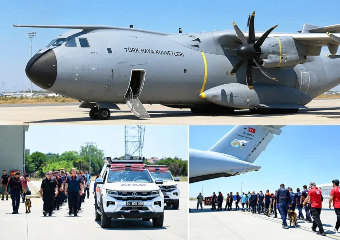images of a Turkish military transport aircraft alongside vehicles, dogs, and medical and rescue equipment being loaded onto it