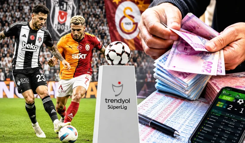imagen representando a jugadores del Beşiktaş y el Galatasaray en un partido, junto con una persona manejando dinero y apuestas