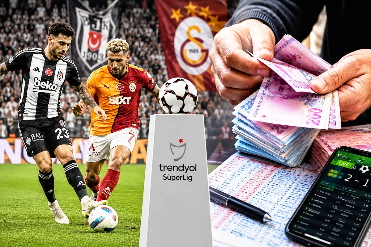 imagen representando a jugadores del Beşiktaş y el Galatasaray en un partido, junto con una persona manejando dinero y apuestas