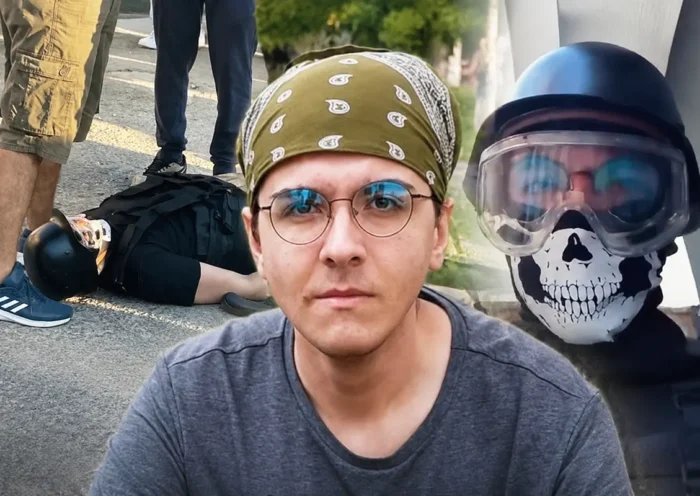 imagen de un joven con camiseta y la cabeza cubierta con un pañuelo, junto a otra en la que viste casco, máscara y gafas y otras de él mismo yaciendo en el suelo esposado