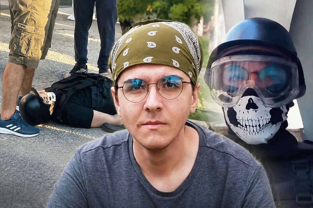 imagen de un joven con camiseta y la cabeza cubierta con un pañuelo, junto a otra en la que viste casco, máscara y gafas y otras de él mismo yaciendo en el suelo esposado