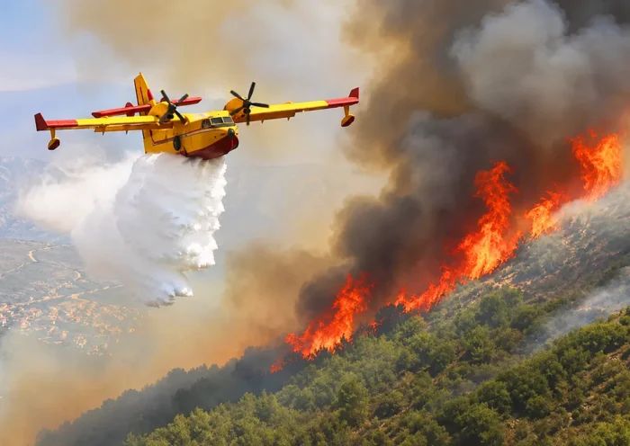 un avión de extinción descarga agua sobre un incendio forestal ardiendo en un bosque