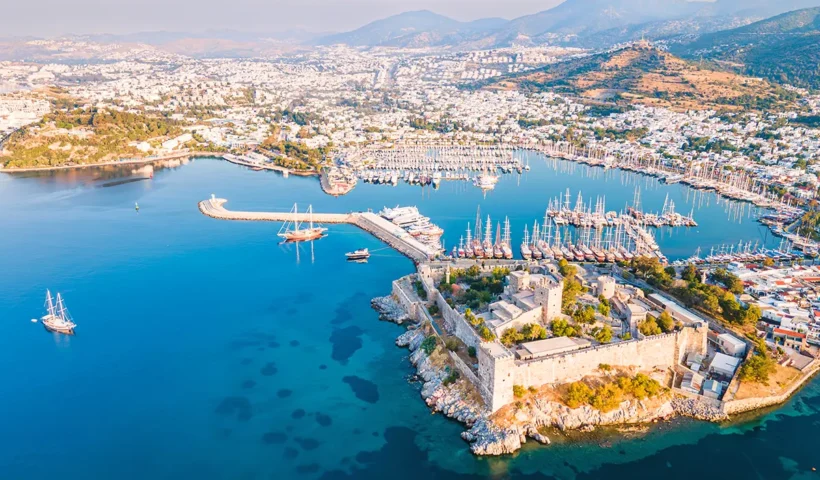 aerial view of the harbour and castle in Bodrum, Turkey