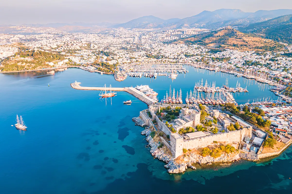 aerial view of the harbour and castle in Bodrum, Turkey