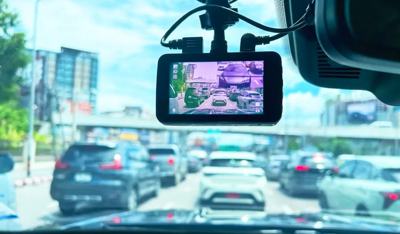 una dashcam en el salpicadero de un coche conduciendo en medio del tráfico