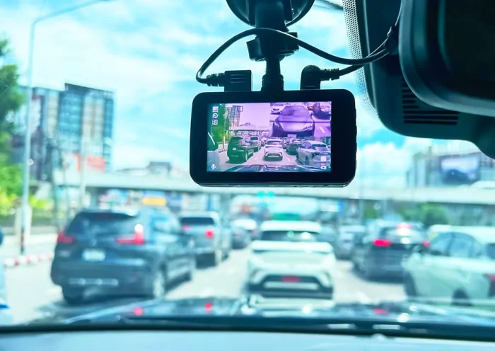 a dashcam on the dashboard of a car driving through traffic