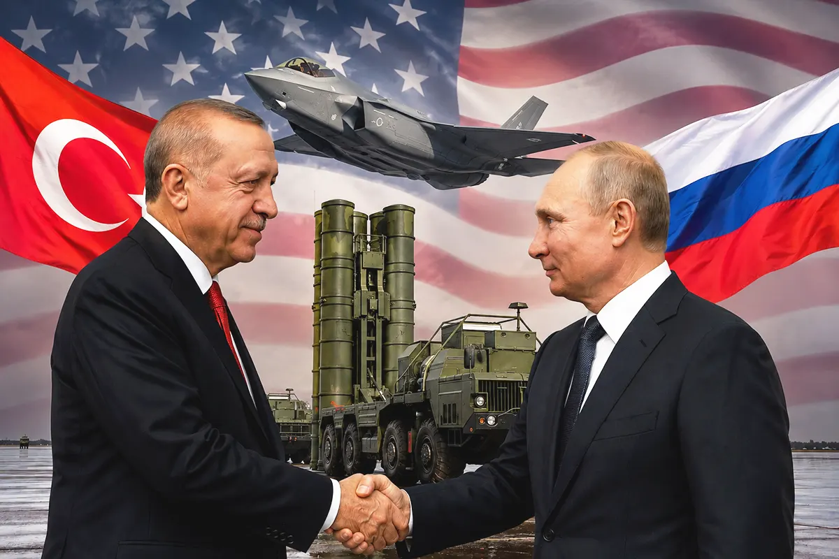 una imagen representado a Erdoğan y Putin dándose la mano, junto a las banderas de Turquía y Rusia; de fondo aparece un sistema S-400, un caza F-35 y una bandera de EE. UU.