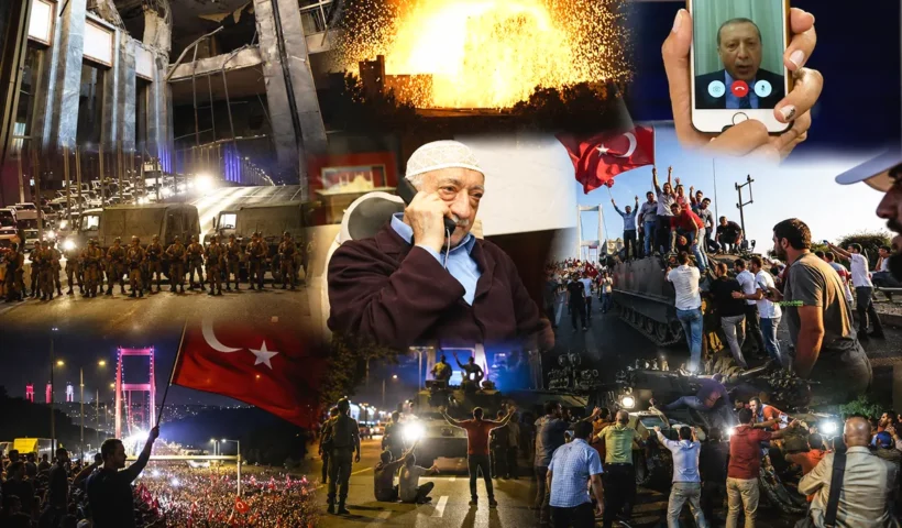 numerous images showing different moments of the attempted coup in Turkey on 15 July 2016, with the cleric Fethullah Gülen speaking on the telephone in the middle of them
