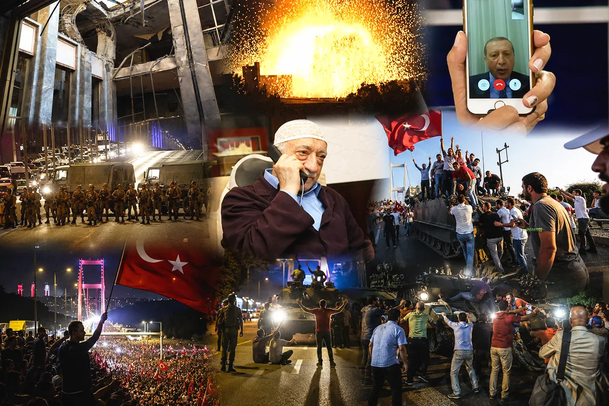 numerous images showing different moments of the attempted coup in Turkey on 15 July 2016, with the cleric Fethullah Gülen speaking on the telephone in the middle of them