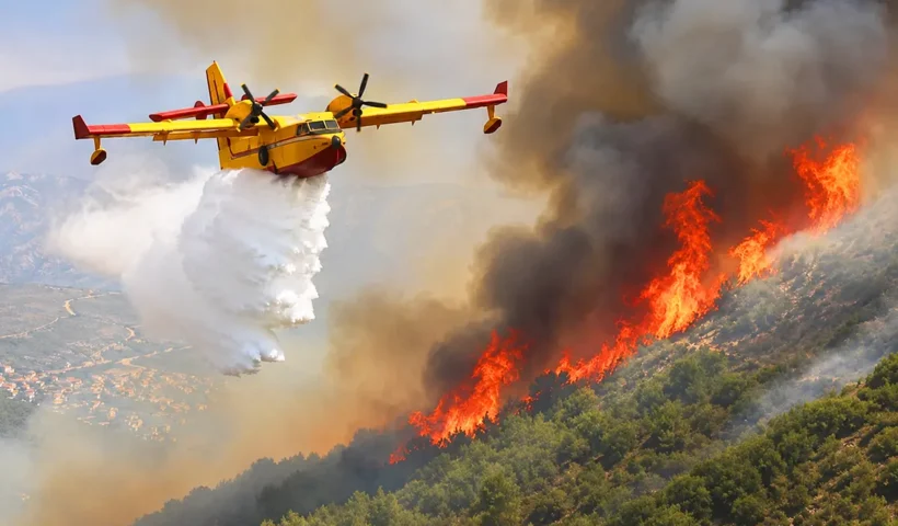 A fire-fighting aircraft is dropping water onto a forest fire raging in a woodland
