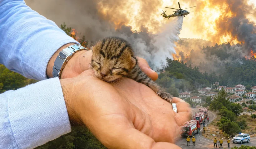 un hombre sostiene entre sus manos a un gatito de pocos días de vida; de fondo, imágenes de un helicóptero rociando agua sobre un incendio forestal que se aproxima a unas viviendas
