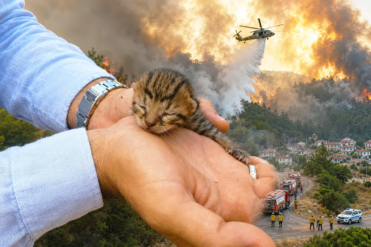 un hombre sostiene entre sus manos a un gatito de pocos días de vida; de fondo, imágenes de un helicóptero rociando agua sobre un incendio forestal que se aproxima a unas viviendas