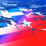 las banderas de Grecia y Turquía sobre un mapa del Mar Egeo